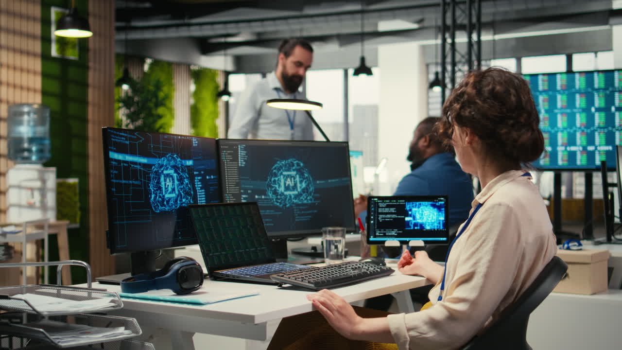Vertical Video Office administrator checking monthly reports with AI analytics platform