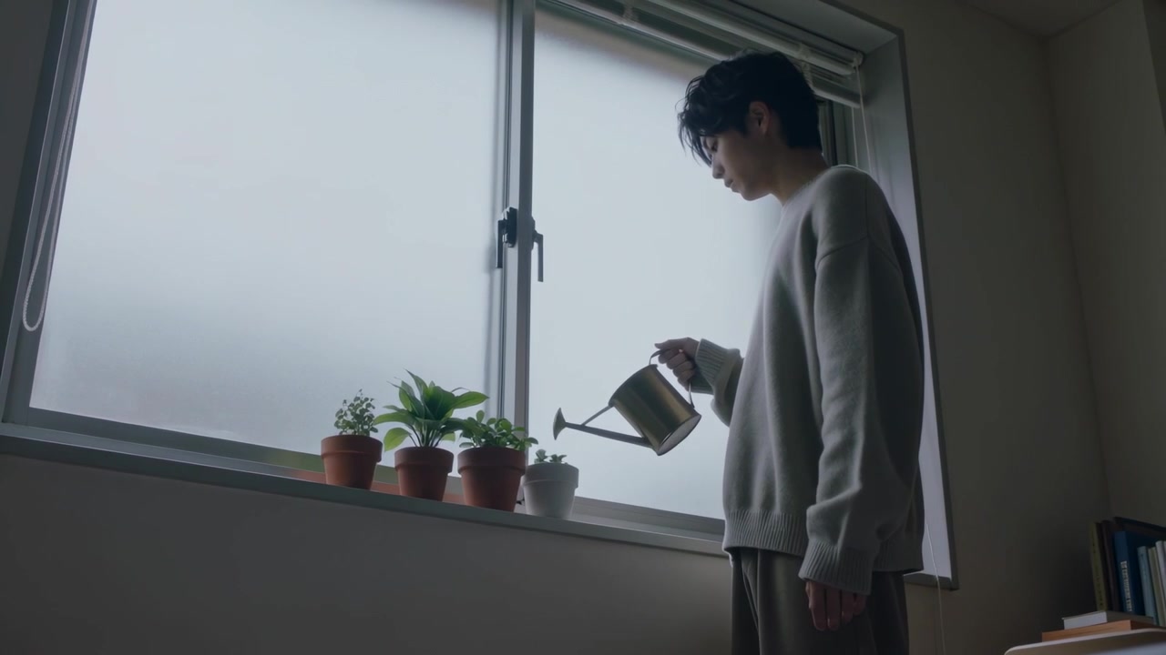 じょうろを持ち上げ、薄手のセーターを着た男性が自宅の窓辺で植物に水をやっている。コピースペースあり。