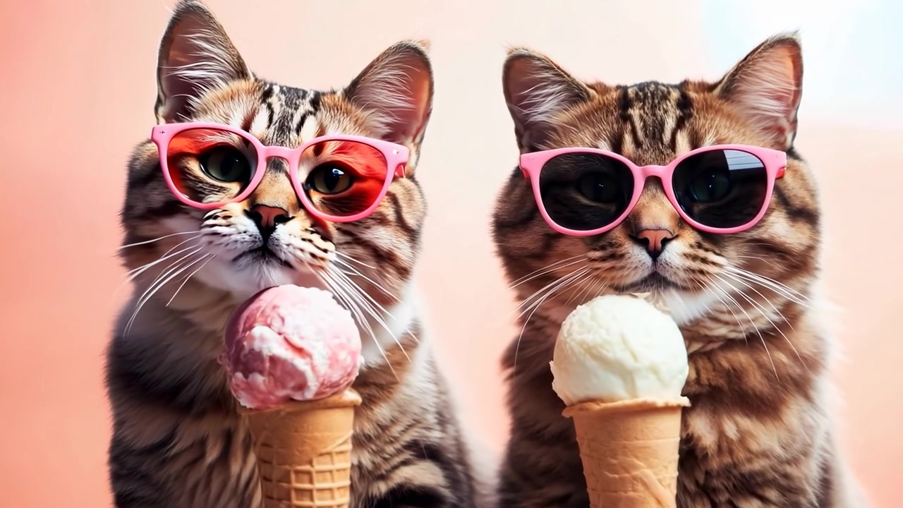 Due gatti carini che indossano occhiali da sole rosa e tengono coni gelato
