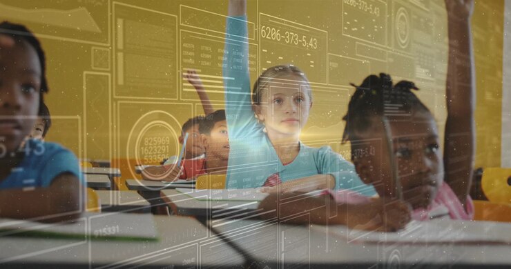 Boy raising hand initiating digital overlay, girl in blue raising hand seeking feedback classroom