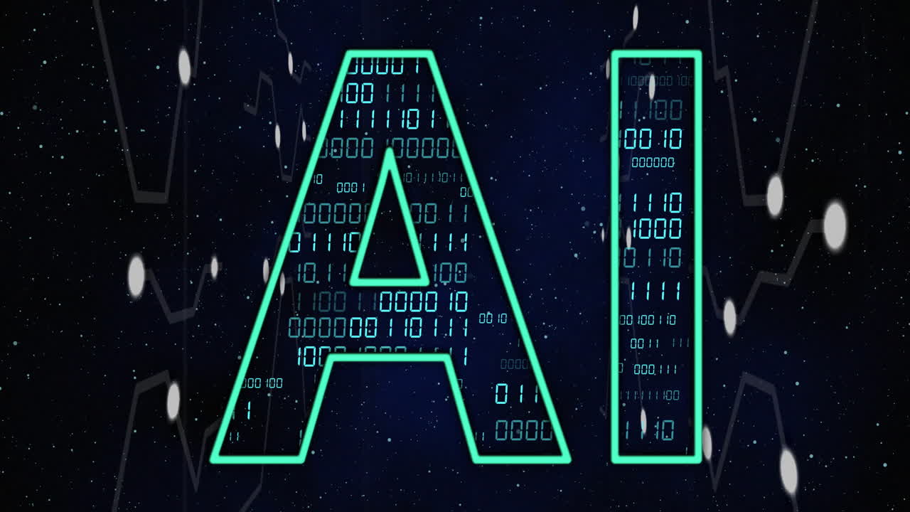 Animation of digital data processing binary coding and connections with ai text