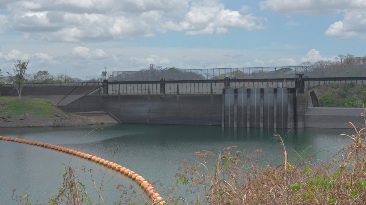 Static shot of Madden Dam at Lake Alajuela during a drought period, Panama