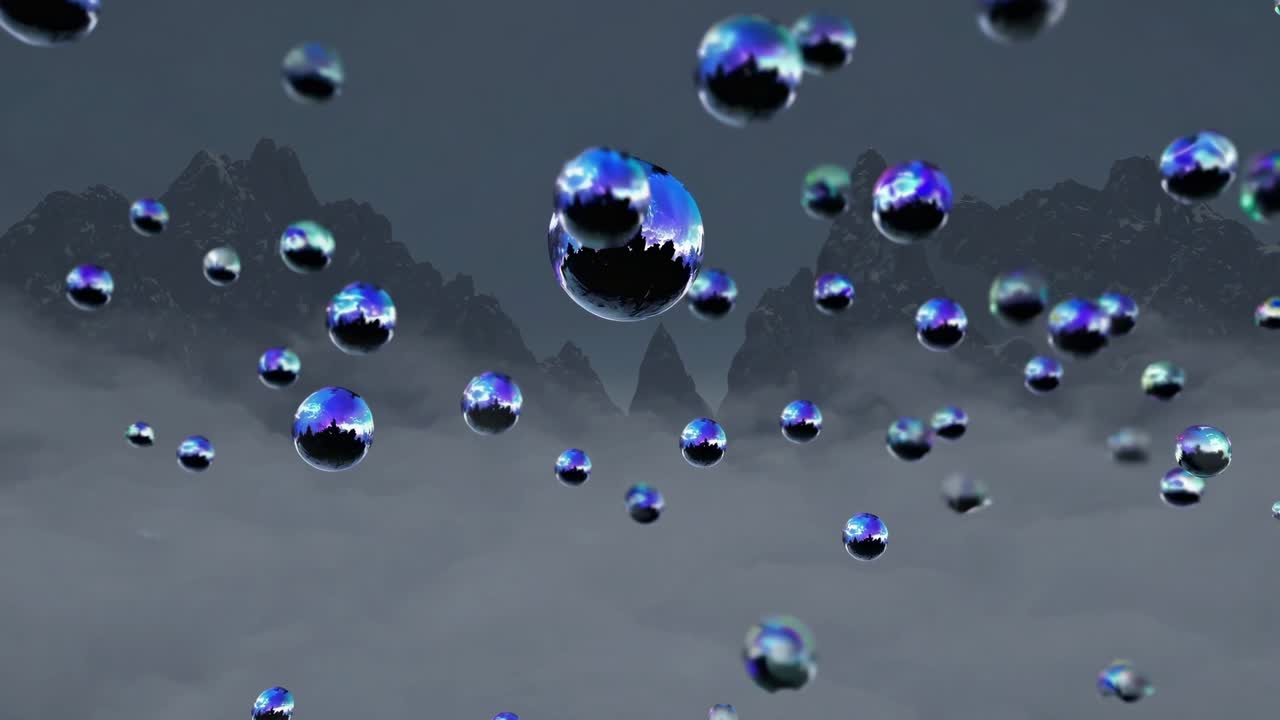 안개가 가득한 산 위에 떠다니는 구체들