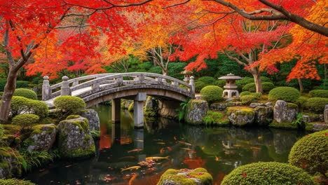 a serene autumn landscape captured in two frames: vibrant red maples, tranquil waters, and a charming stone bridge creating a perfect harmonious garden scene