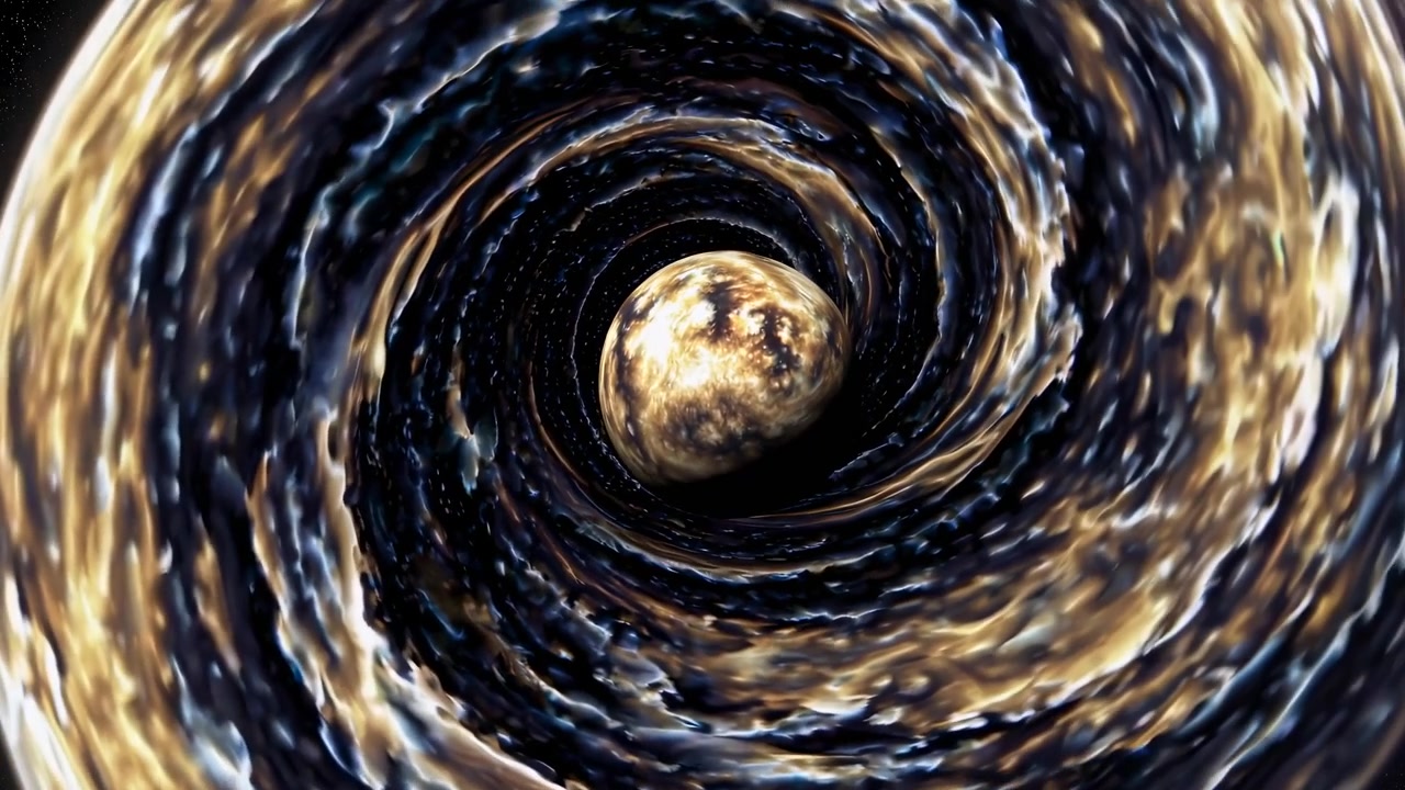 Abstract Animation of a Planet Orbiting a Swirling Cosmic Vortex