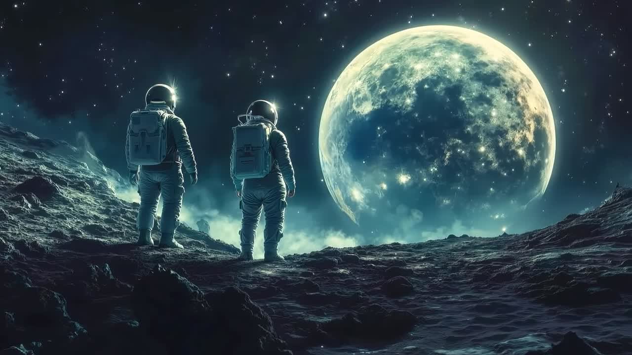 To astronauter, der står på månen og ser på månen
