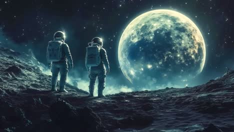 two astronauts standing on the moon looking at the moon