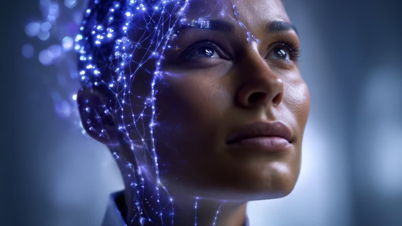 Una donna riflessiva circondata da reti neurali luminose illustra la fusione tra tecnologia e umanità in una straordinaria rappresentazione visiva dell'intelligenza