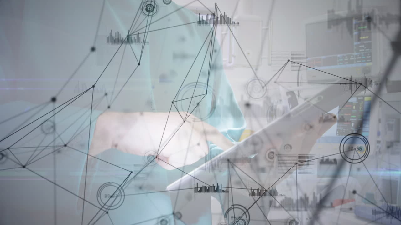 태블릿을 사용하는 백인 남성 외과 의사에 대한 연결 네트워크의 애니메이션