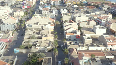 palm-tree lined streets of santa maria resort town in sal island, cape verde, africa. aerial shot