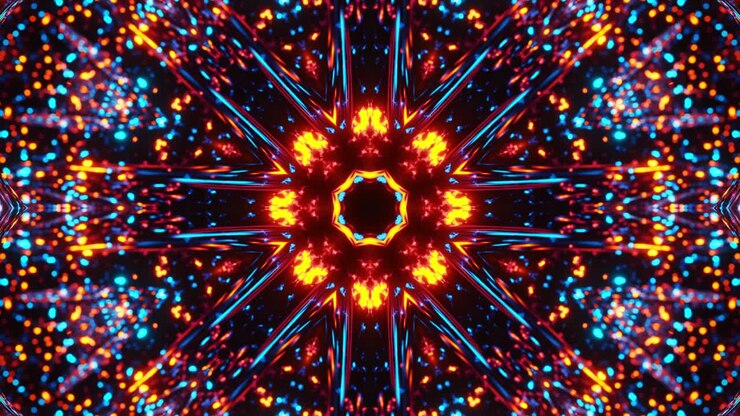 Padrão abstrato colorido com estrelas e luzes. Loop VJ de Caleidoscópio.