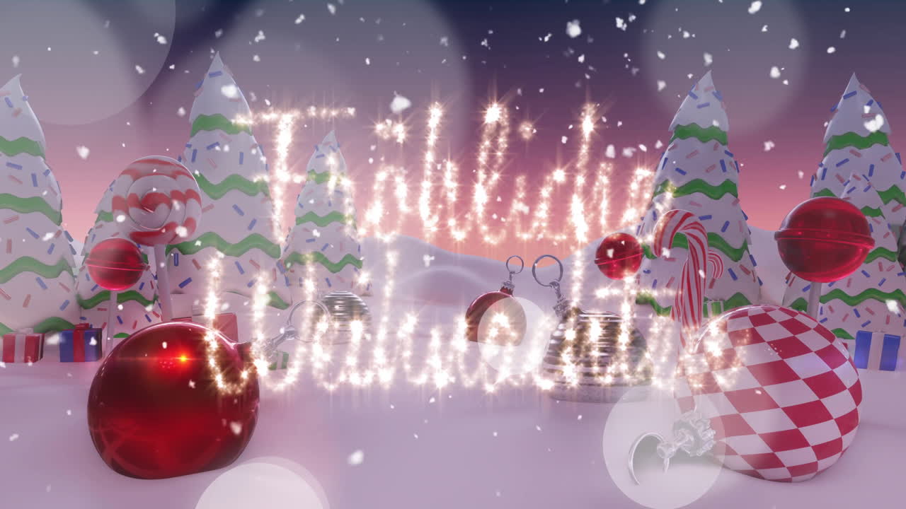 Sparkling Happy Holidays text animation over decorated trees in festive winter scene