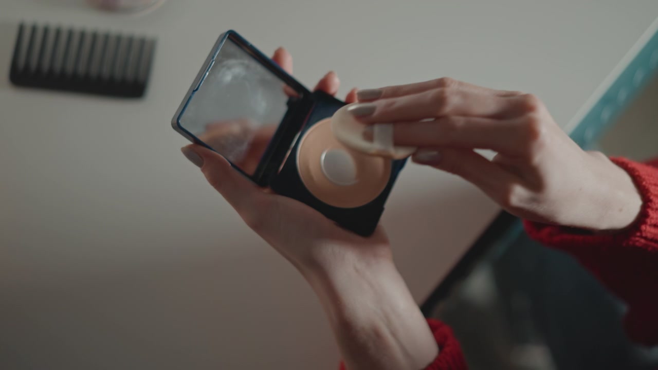 Overhead close-up shows hands holding open compact pressed powder while soft puff hovers above beige powder pan, creating careful beauty routine, grooming, and cosmetic application preparation
