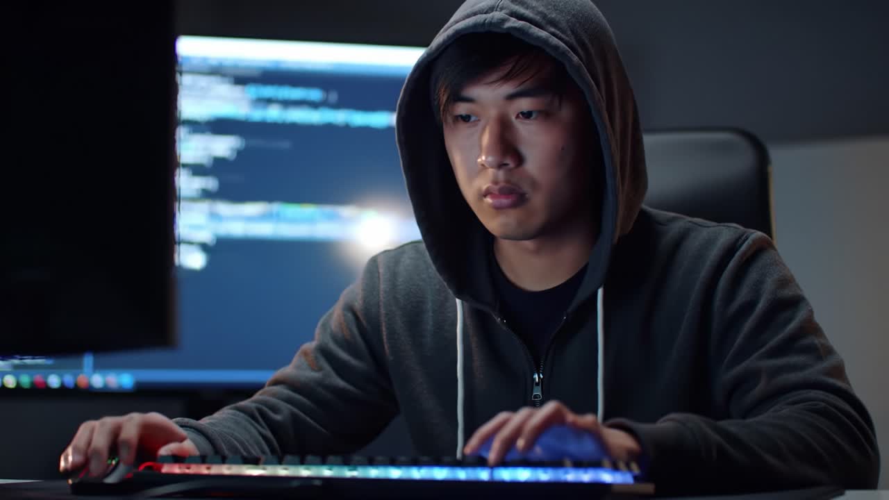 Focused Programmer in a Hoodie Analyzing Code on a Computer Screen in a Dimly Lit Room, Illustrating the Depth of Coding and Technology