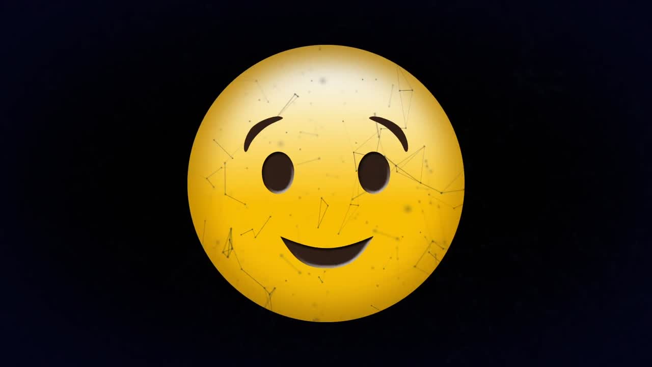 Digital animation of network of connections floating over winking face emoji on black background