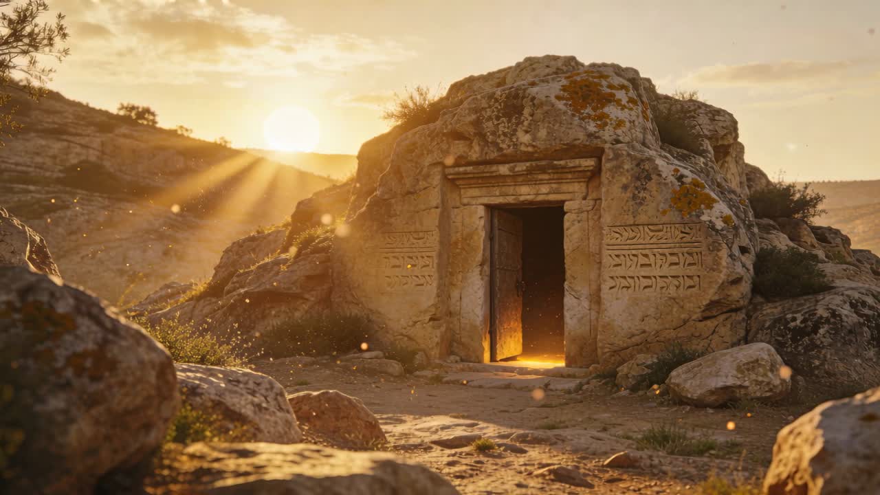 Raggi mutevoli del sole nascente, la porta di una tomba storica che emette un caldo bagliore, rivelando incisioni e polvere in sospensione.