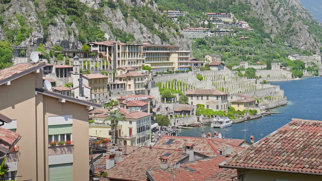 Establishing shot over travel destination Limone Sur Garda, Italy
