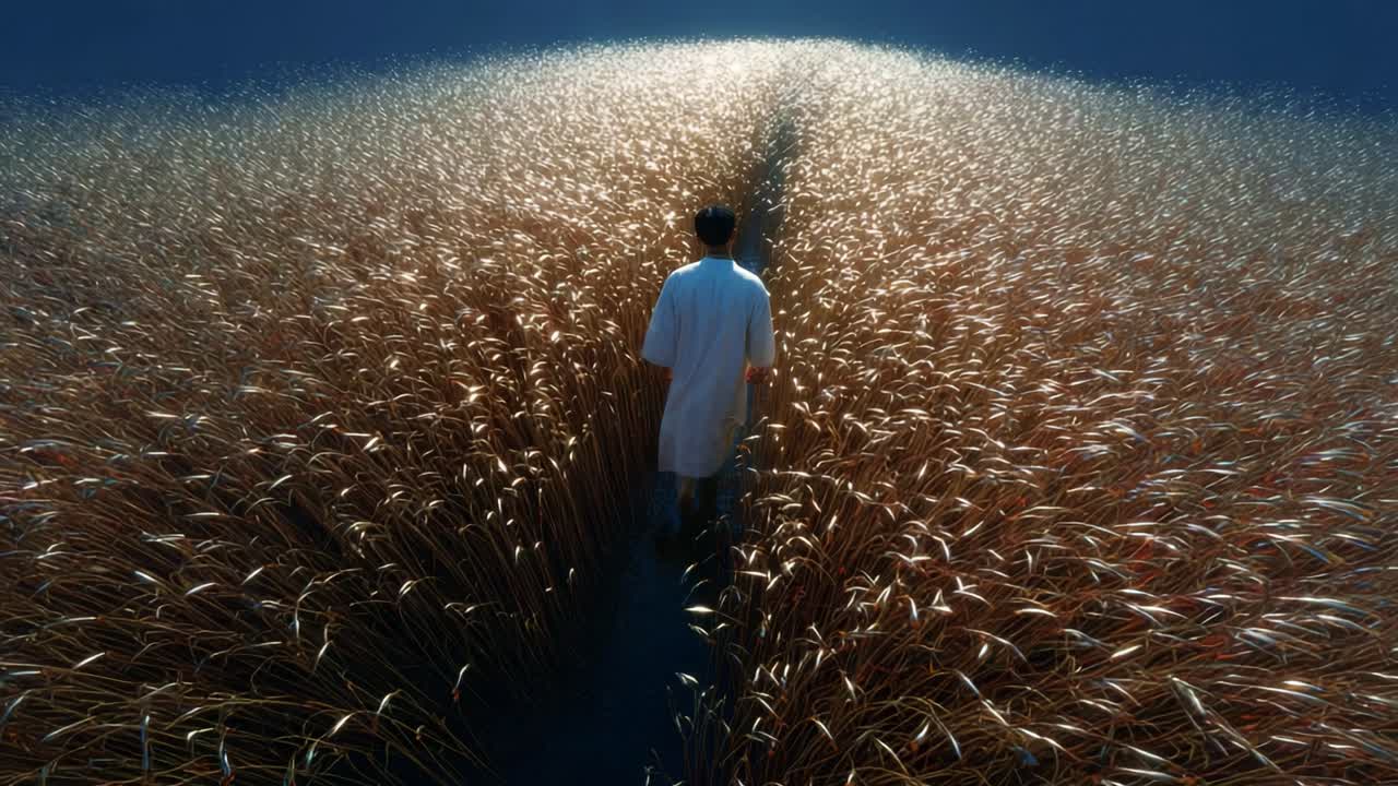 A solitary figure wanders through a golden field, surrounded by tall, shimmering wheat as the sun casts a warm glow on the landscape, evoking feelings of tranquility and reflection