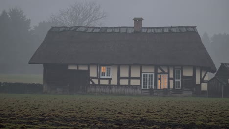 foggy morning at an old farmhouse