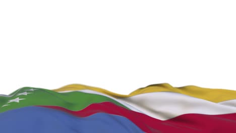 bandera de tela de comoras ondeando en el bucle del viento. bordado comoriano estandarte de tela cosida balanceándose en la brisa. fondo blanco medio lleno. lugar para el texto. bucle de 20 segundos.
