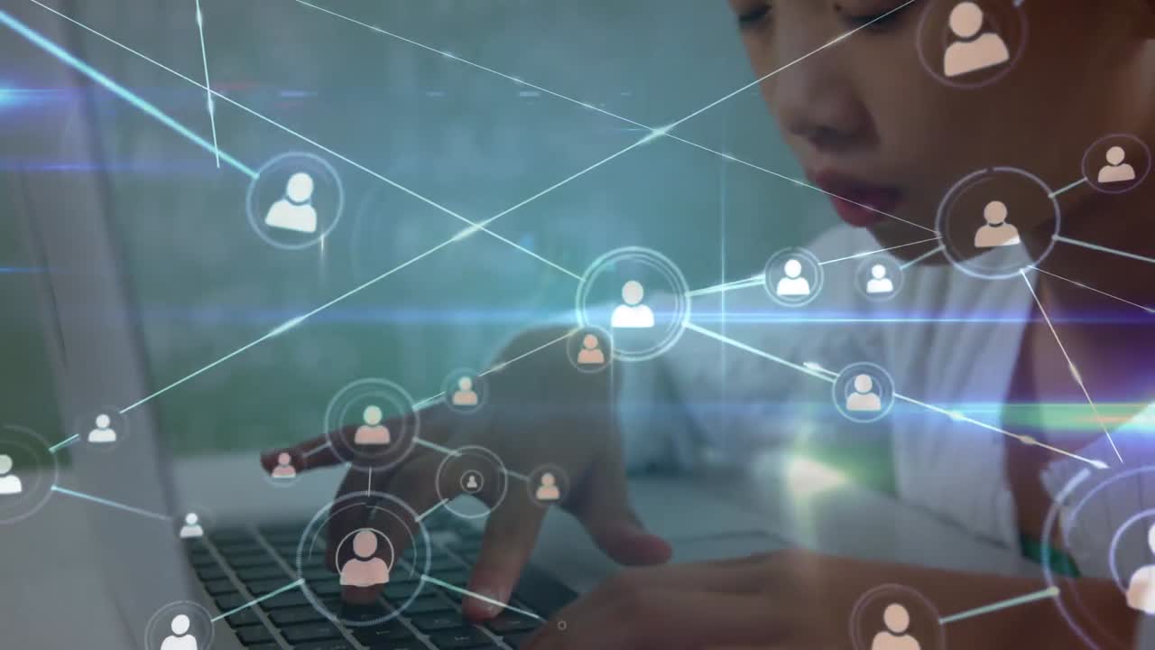 animación de una red de conexiones sobre una colegiala asiática usando una computadora