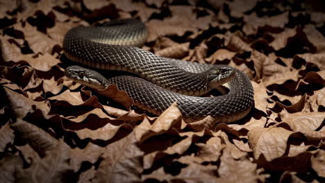two snakes resting on a bed of leaves