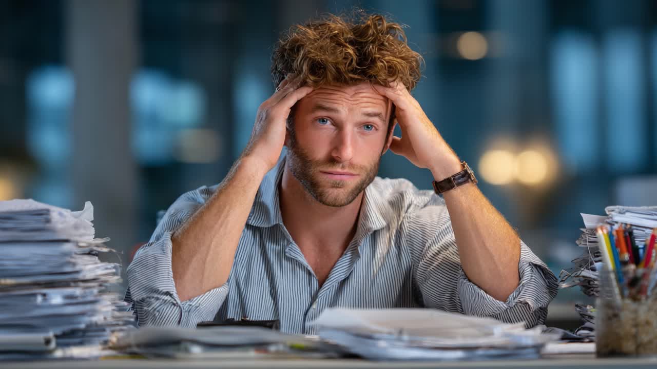 A Frustrated Man Struggling with Overwhelming Paperwork in an Office Setting: Capturing the Stress and Fatigue of Modern Work Life
