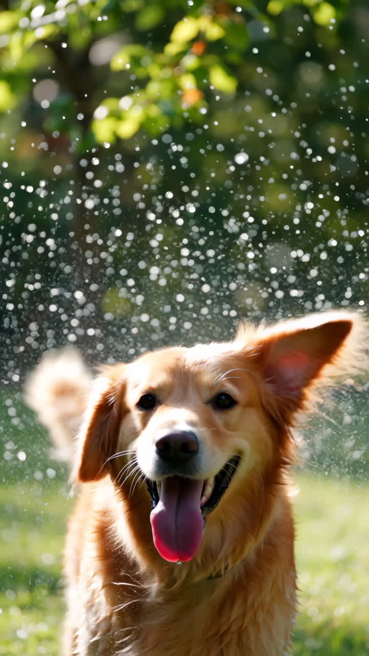 Happy Golden Retriever Dog Playing in Water Spray