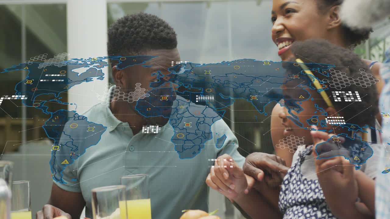 Family at patio table, gestures causing HUD world map overlay emerging and illustrating technology
