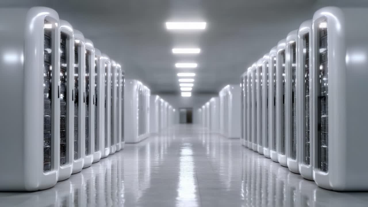 A Sleek and Modern Data Center Featuring Rows of White Storage Units Illuminated by Bright Overhead Lighting in a Spacious High-Tech Environment