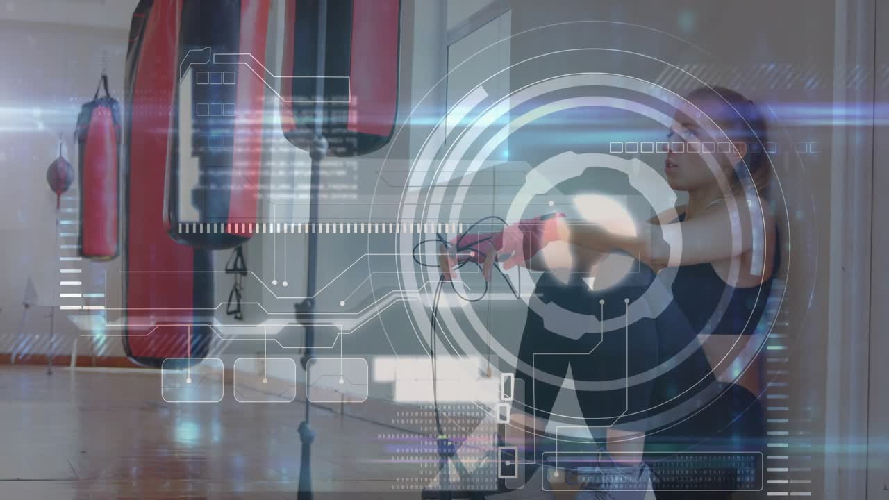 Woman picking pink rope, adjusting and sitting for boxing warmup, HUD overlay covering hands