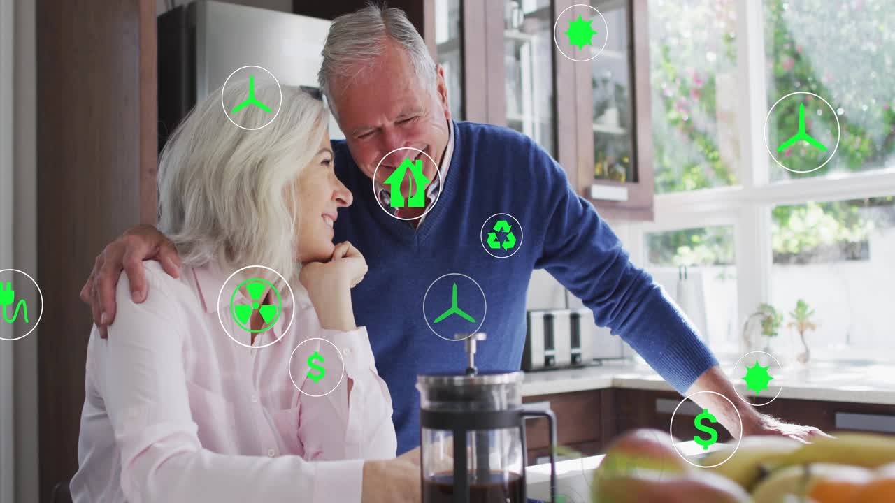 Mature woman sipping coffee at counter causing eco icons swirling around couple for sustainability