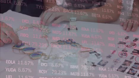 animation of financial data processing over business colleagues choosing jewelry in meeting
