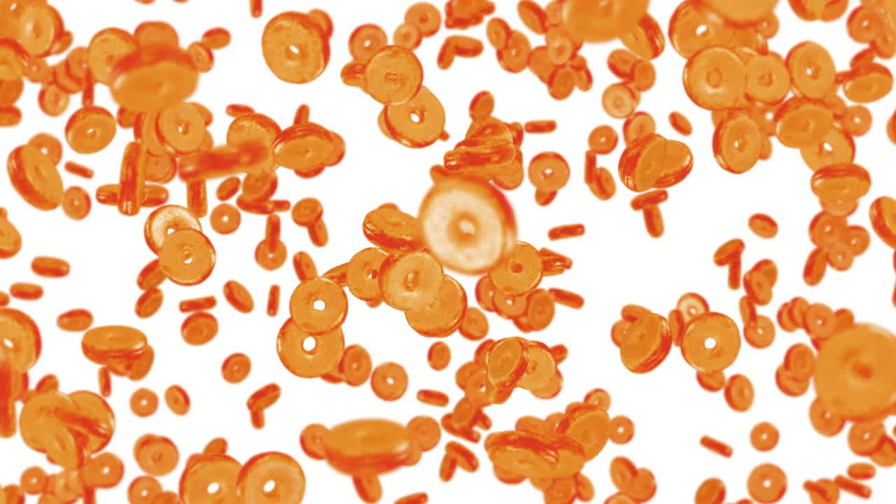 색 배경에 많은 평평한 도을 날아. 도 케이크, 과자, 디저트. 도 회전의 3d 애니메이션. 루프 애니메이션.