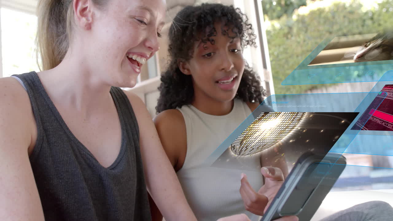 animación del procesamiento de datos sobre diversas mujeres que utilizan tabletas