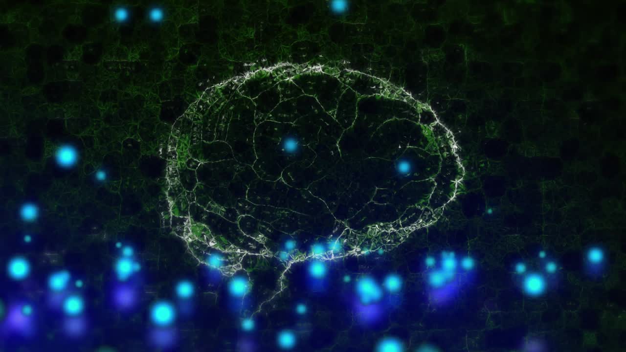 Digital grid initiating blue orbs drifting, brain emerging and pulsing filaments fading into grid