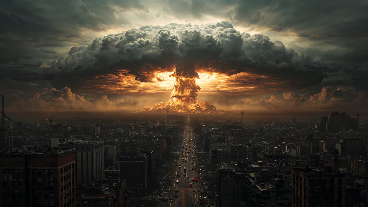Flash erupting at boulevard end initiating fireball blooming into mushroom cloud over urban streets