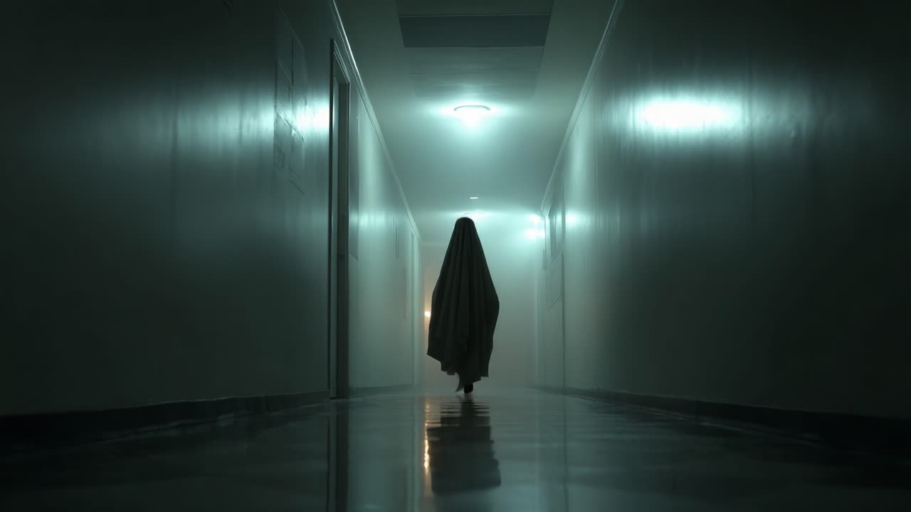 A Haunting Presence: An Eerie Figure Cloaked in White Stands at the End of a Dimly Lit Hallway, Creating an Atmosphere of Suspense and Mystery