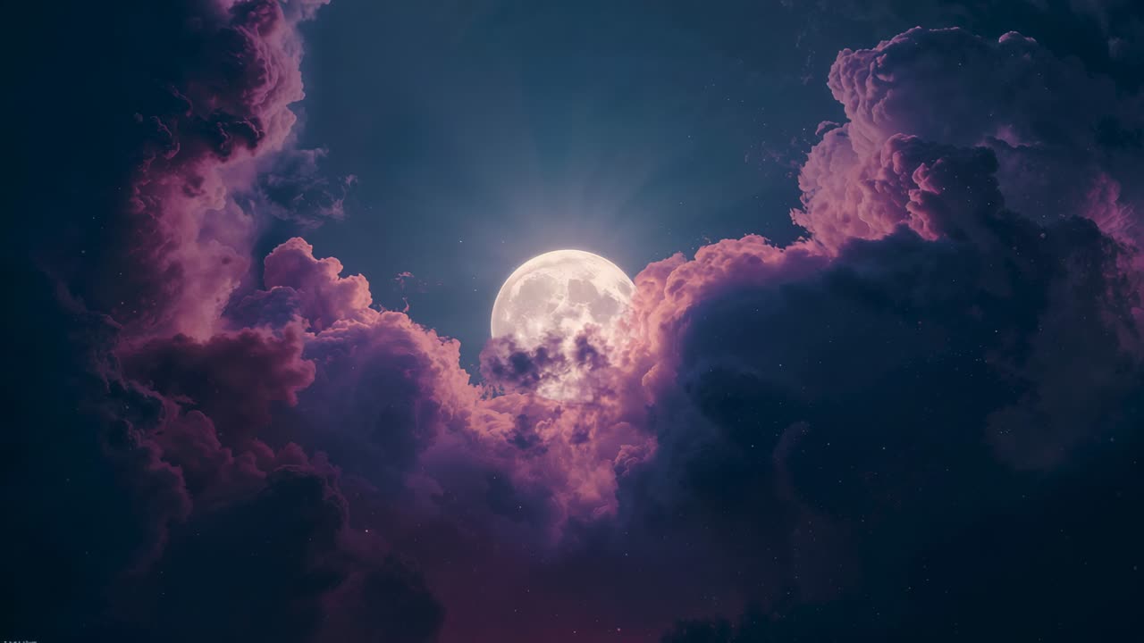 Wind stirring violet-pink clouds over night sky, revealing full moon framing with rose glow