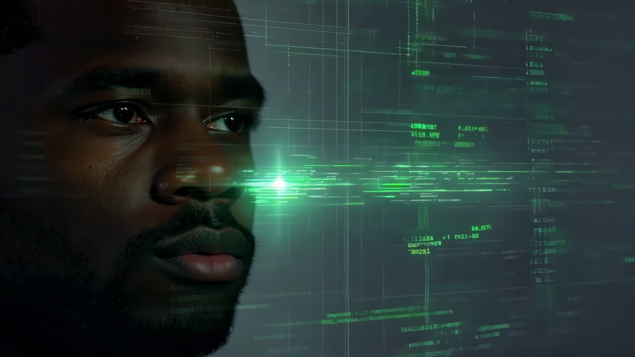 A man's face is reflected in a computer screen with a green background. Concept of technology and digitalization, as well as the idea of being constantly connected to the digital world