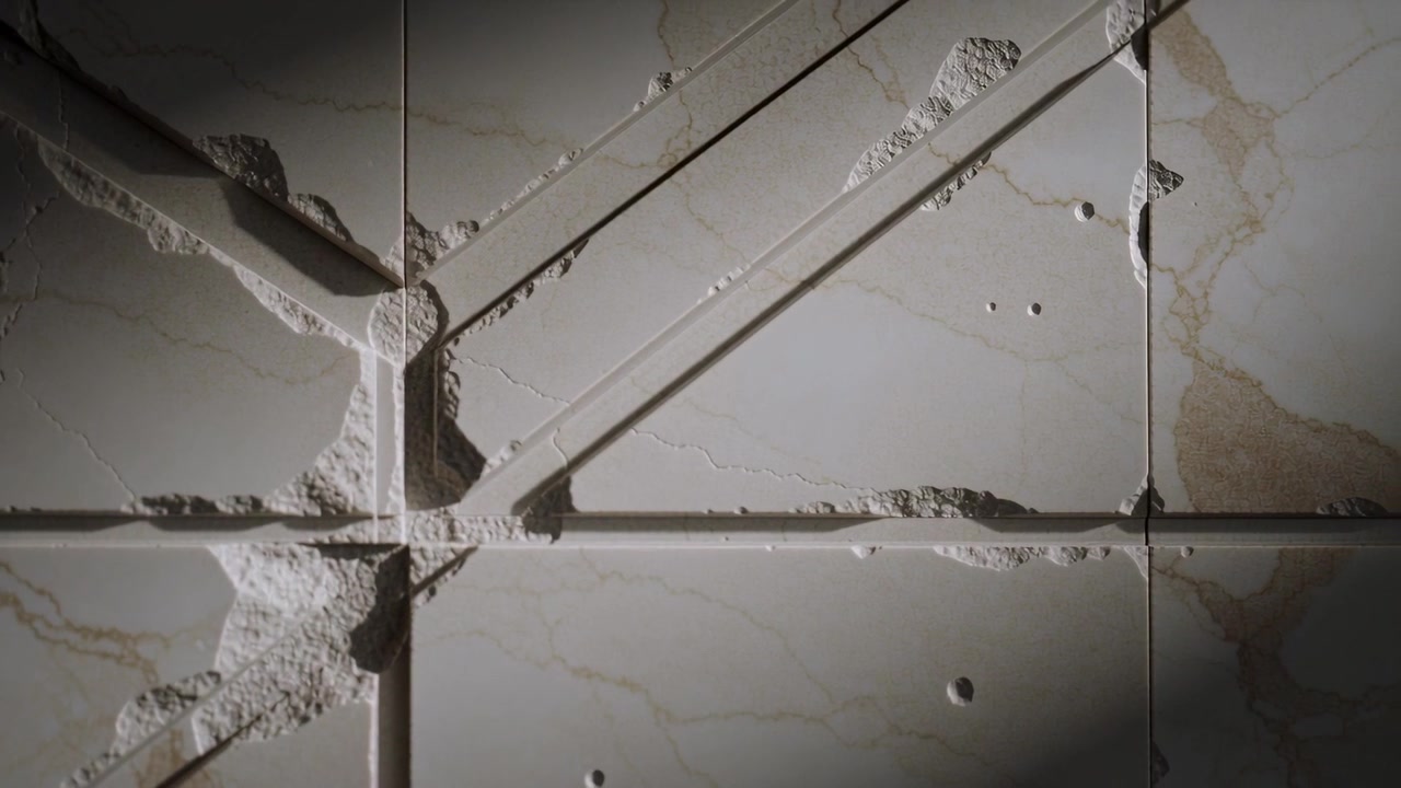 Shifting moving light revealing ceramic tiles in bathroom, emphasizing texture and drill holes
