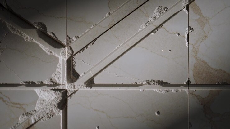 Shifting moving light revealing ceramic tiles in bathroom, emphasizing texture and drill holes