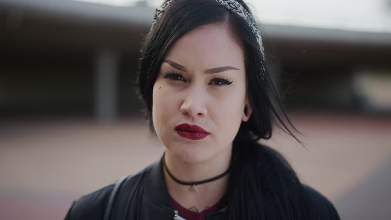 портрет независимой молодой женщины уверенной в себе женщины, выглядящей серьезно в камере в медленном движении городской фон ветер дует волосы