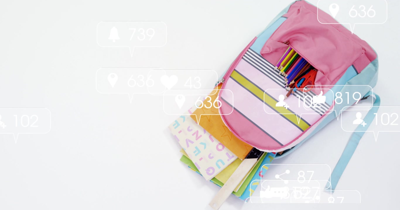 When corner appearing, pink-blue backpack sliding, pocket opening, alerts rising showing engagement