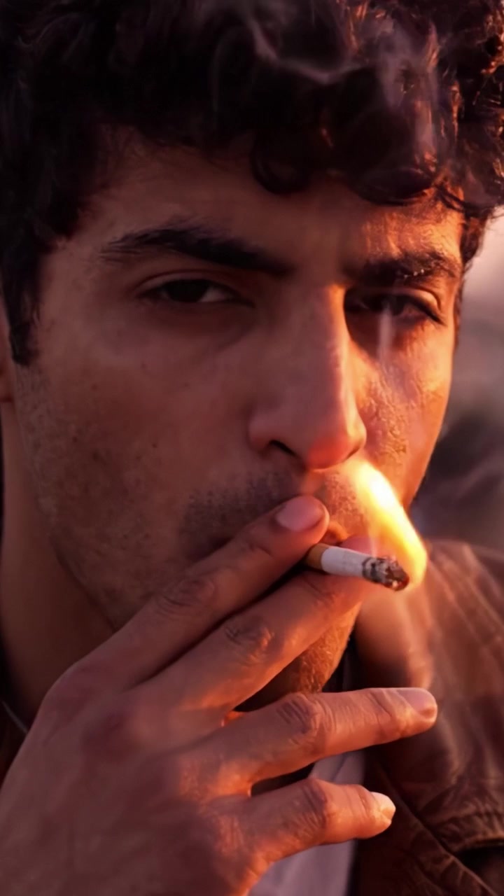 Un momento contemplativo capturado al anochecer, mostrando a un joven con rasgos expresivos y un semblante reflexivo mientras sostiene un cigarrillo, evocando emoción y profundidad.
