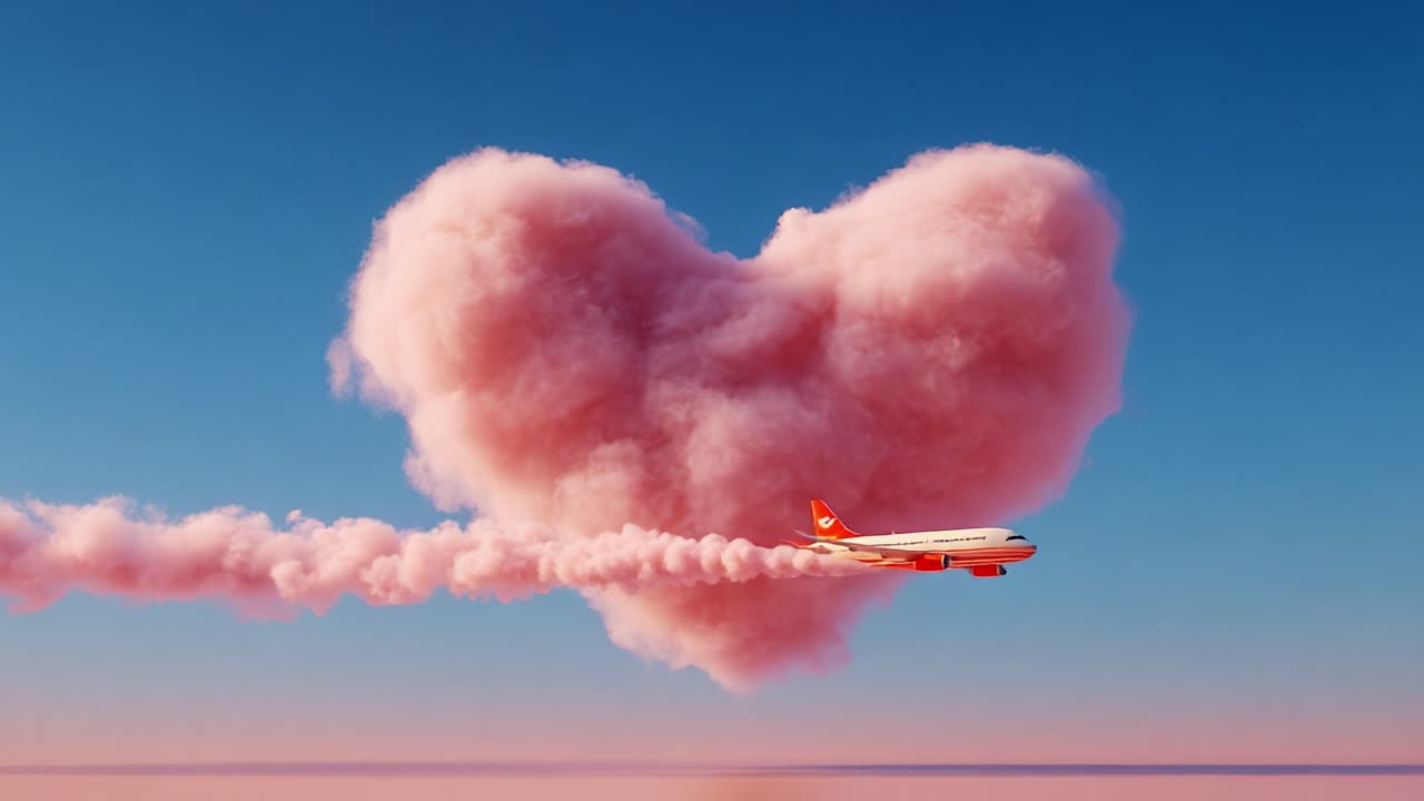 A Romantic Journey Through the Sky: An Airplane Creates a Heart-Shaped Cloud in the Blue Sky, Capturing the Essence of Love and Adventure Above the Clouds