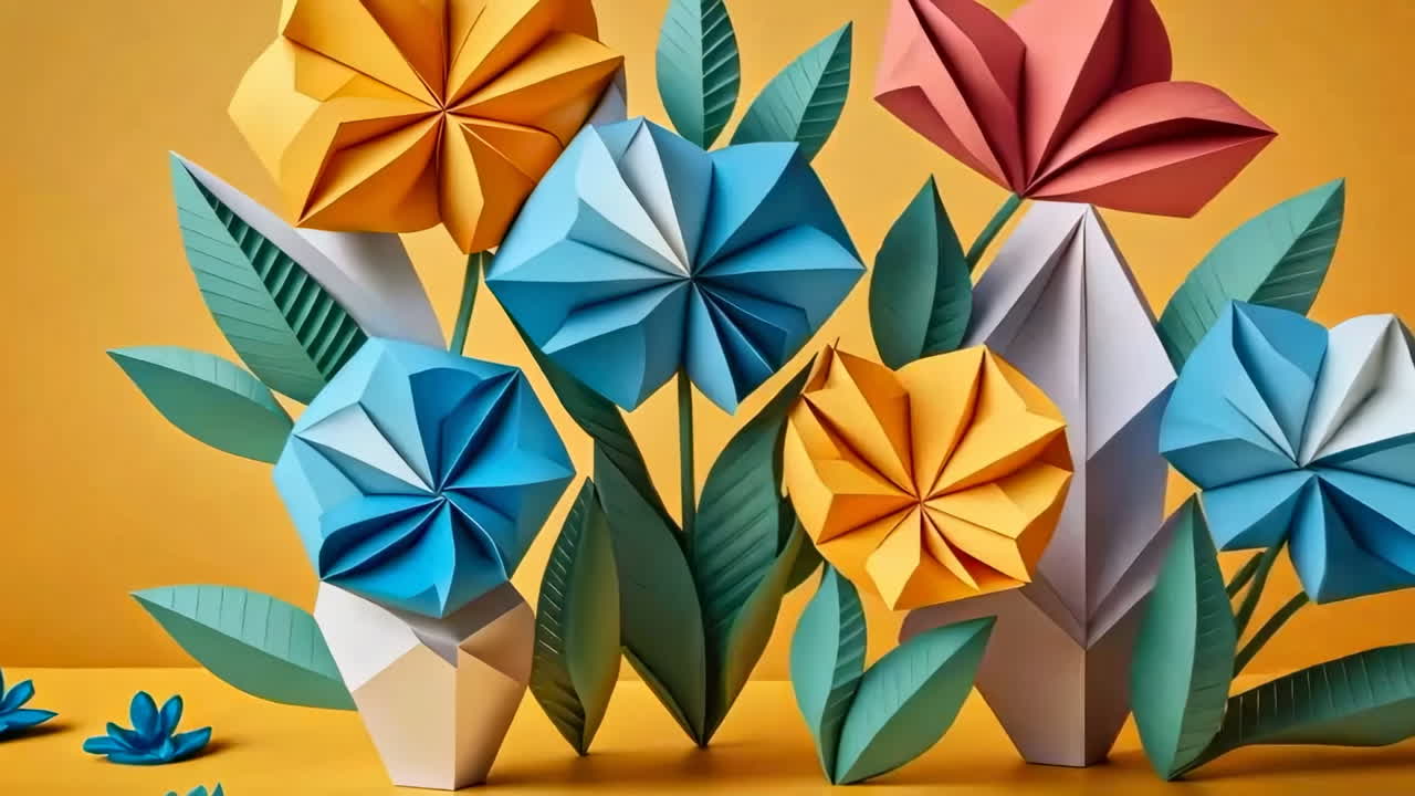 Colorful Origami Flowers and Paper Leaves on a Yellow Background