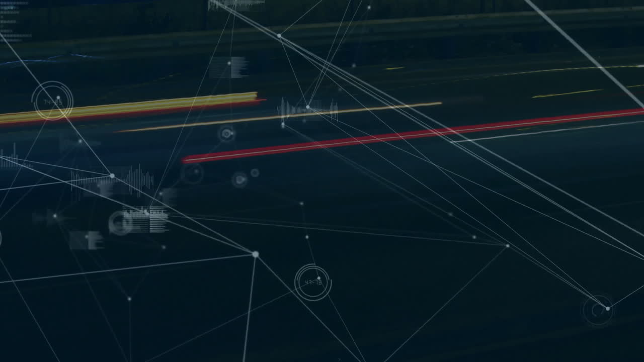 도시 풍경에 대한 연결 네트워크와 데이터 처리의 애니메이션