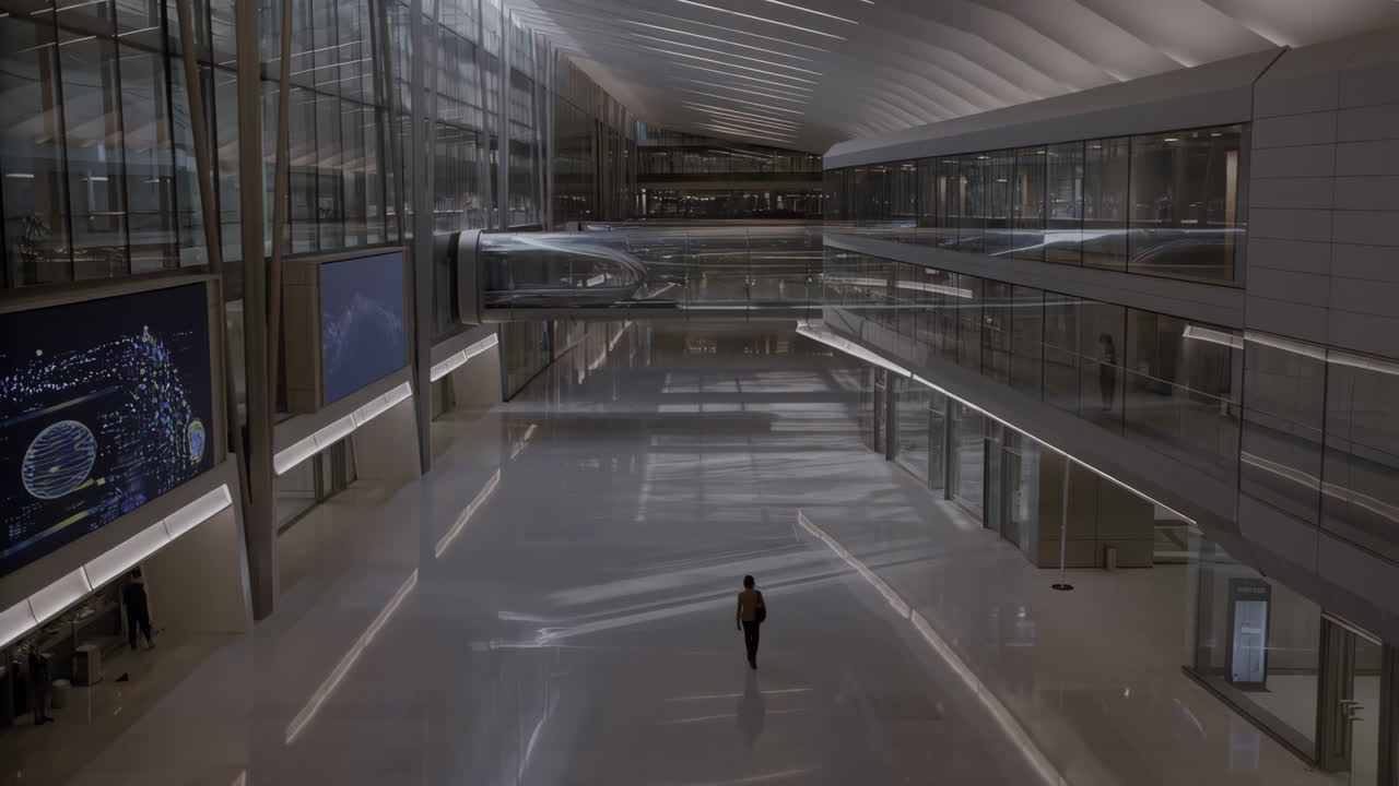A lone figure walks through a vast, modern architectural interior
