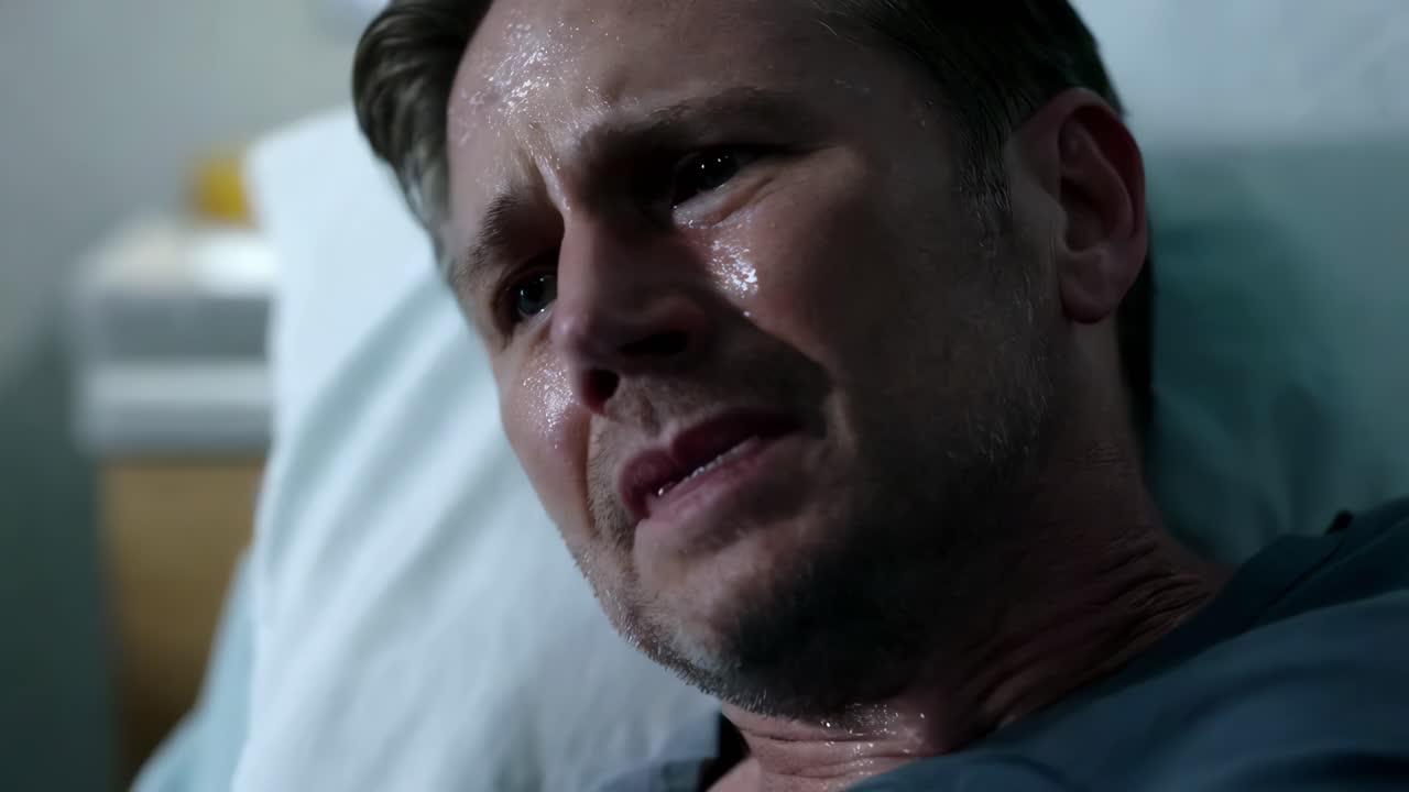 Distressed Man in Hospital Bed